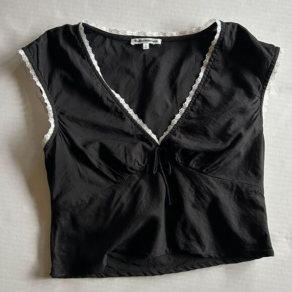 REFORMATION, Cherry Cotton, V-Neck, Cropped top, Black & White, sz 2, RomCom - Picture 1 of 7